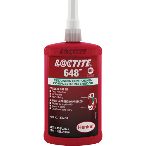 Compos&eacute; de retenue Loctite 648, 250 ml, Bouteille, Vert Sécurité Médic