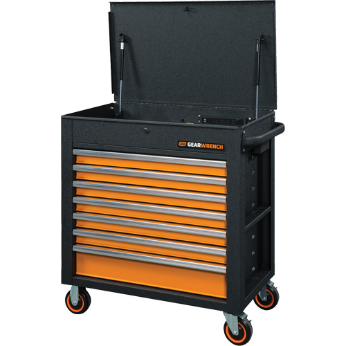 GSX Series Rolling Tool Cart with Tilt Top, 7 Drawers, 35" L x 20" W x 39" H, Black/Orange Sécurité Médic