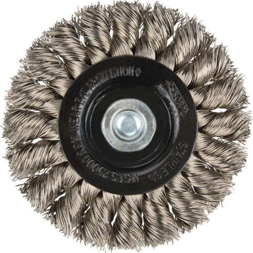 Brosses rotatives &agrave; fils nou&eacute;s - Brosse rotative &agrave; fils nou&eacute;s a/queue 1/4", Fils nou&eacute;s standards, Dia. 3", Fils 0,014", Acier inoxydable Sécurité Médic