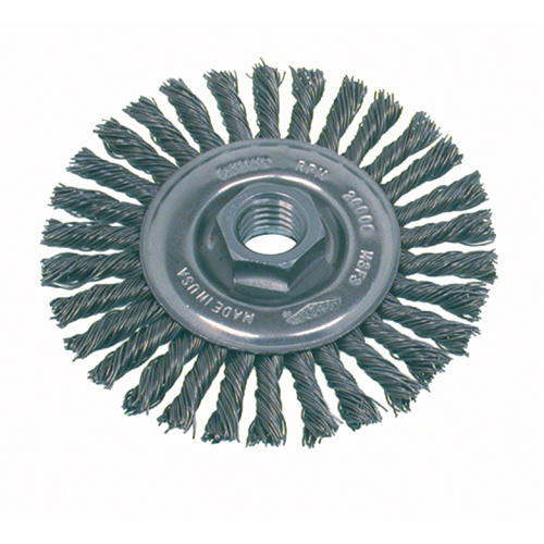 Brosse rotative &agrave; fils nou&eacute;s pour petites meuleuses haute vitesse, pour passe de fond, Dia. 4", Fils 0,02", Arbre 5/8"-11, Acier Sécurité Médic