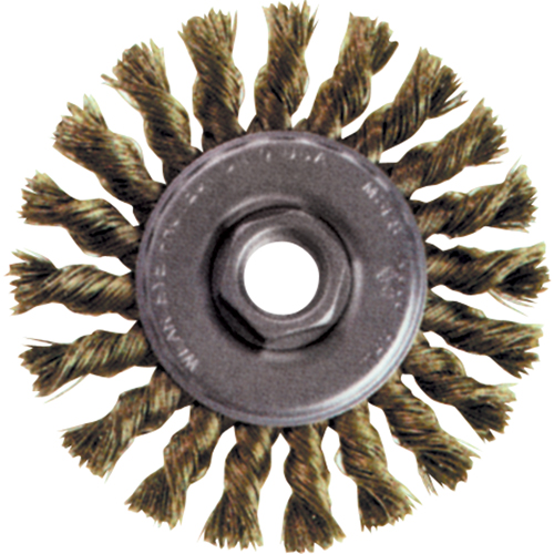 Brosse rotative &agrave; fils nou&eacute;s pour petites meuleuses haute vitesse, Dia. 4", Fils 0,02", Arbre 5/8"-11, Acier inoxydable Sécurité Médic