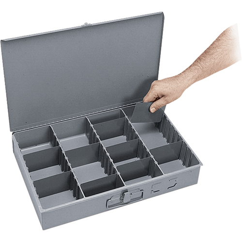 Adjustable Compartment Boxes, Steel, Variable Slots, 18" W x 12" D x 3" H, Grey Sécurité Médic