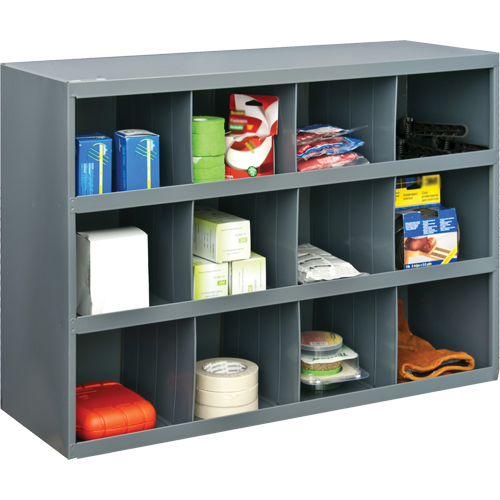Storage Bin Cabinets, Steel, 12 Drawers, 33-3/4" x 12" x 23-7/8", Grey Sécurité Médic