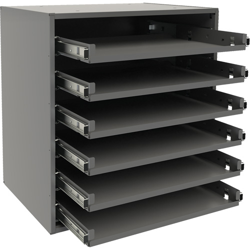 Small Bearing Slide Rack, Steel, 6 Slots, 15-9/16" W x 11-7/8" D x 16-3/8" H, Grey Sécurité Médic