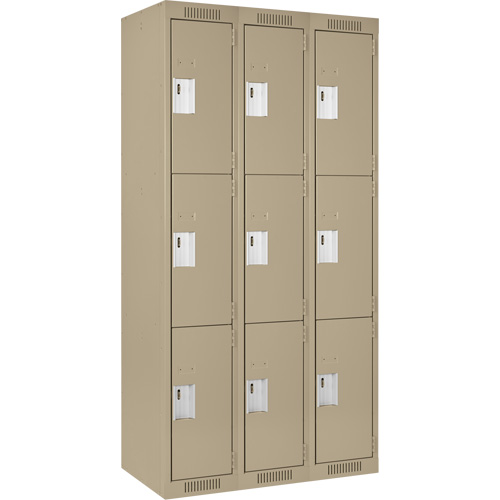 Clean Line Lockers, 3 -tier, Bank of 3, 36" x 18" x 72", Steel, Beige, Rivet (Assembled) Sécurité Médic