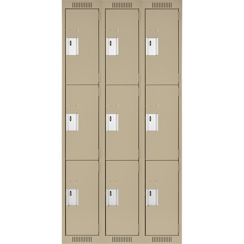 Clean Line Lockers, 3 -tier, Bank of 3, 36" x 18" x 72", Steel, Beige, Rivet (Assembled) Sécurité Médic