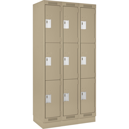 Clean Line Lockers, 3 -tier, Bank of 3, 36" x 18" x 76", Steel, Beige, Rivet (Assembled) Sécurité Médic