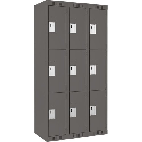 Clean Line Lockers, 3 -tier, Bank of 3, 36" x 18" x 72", Steel, Charcoal, Rivet (Assembled) Sécurité Médic