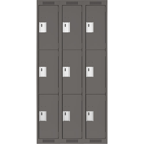 Clean Line Lockers, 3 -tier, Bank of 3, 36" x 18" x 72", Steel, Charcoal, Rivet (Assembled) Sécurité Médic