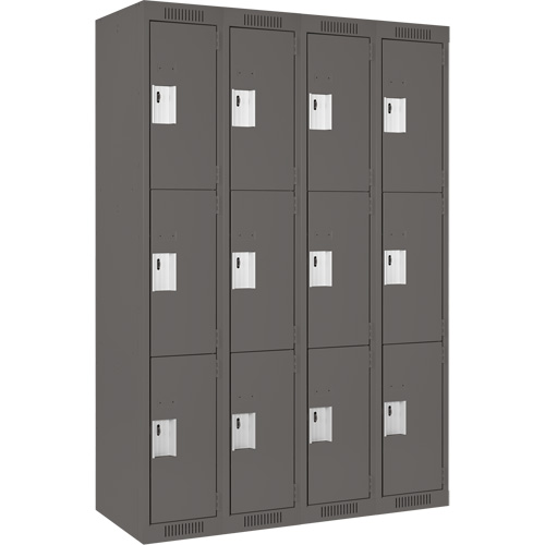 Clean Line Lockers, 3 -tier, Bank of 4, 48" x 18" x 72", Steel, Charcoal, Rivet (Assembled) Sécurité Médic