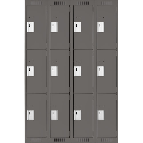 Clean Line Lockers, 3 -tier, Bank of 4, 48" x 18" x 72", Steel, Charcoal, Rivet (Assembled) Sécurité Médic