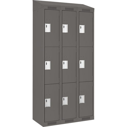 Clean Line Lockers, 3 -tier, Bank of 3, 36" x 18" x 78", Steel, Charcoal, Rivet (Assembled) Sécurité Médic