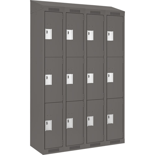 Clean Line Lockers, 3 -tier, Bank of 4, 48" x 18" x 78", Steel, Charcoal, Rivet (Assembled) Sécurité Médic