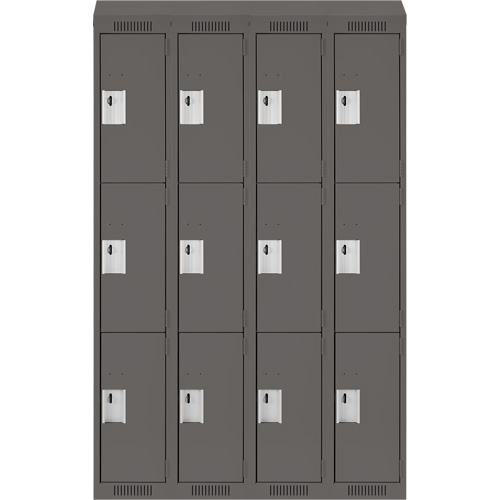 Clean Line Lockers, 3 -tier, Bank of 4, 48" x 18" x 78", Steel, Charcoal, Rivet (Assembled) Sécurité Médic