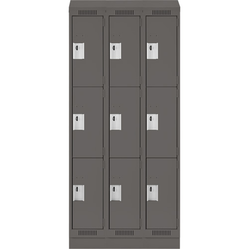 Clean Line Lockers, 3 -tier, Bank of 3, 36" x 18" x 82", Steel, Charcoal, Rivet (Assembled) Sécurité Médic