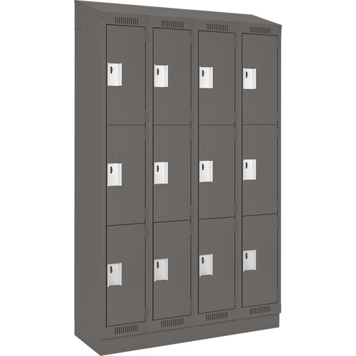 Clean Line Lockers, 3 -tier, Bank of 4, 48" x 18" x 82", Steel, Charcoal, Rivet (Assembled) Sécurité Médic