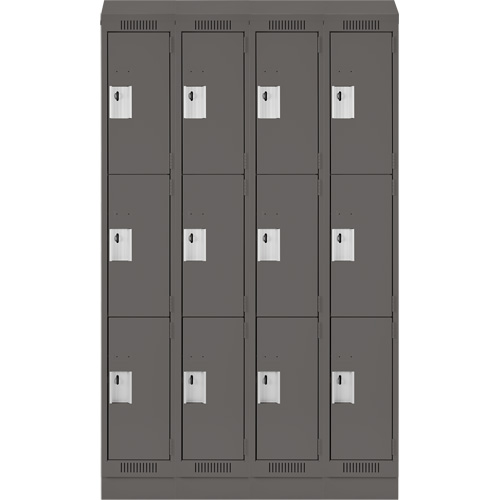 Clean Line Lockers, 3 -tier, Bank of 4, 48" x 18" x 82", Steel, Charcoal, Rivet (Assembled) Sécurité Médic