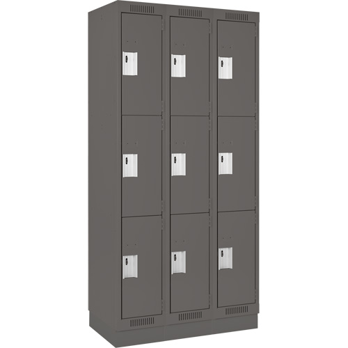 Clean Line Lockers, 3 -tier, Bank of 3, 36" x 18" x 76", Steel, Charcoal, Rivet (Assembled) Sécurité Médic