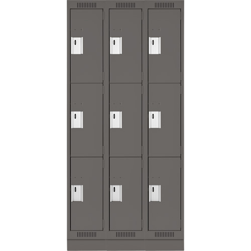 Clean Line Lockers, 3 -tier, Bank of 3, 36" x 18" x 76", Steel, Charcoal, Rivet (Assembled) Sécurité Médic