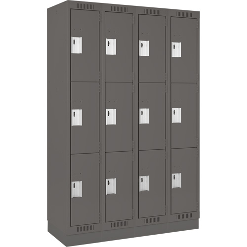 Clean Line Lockers, 3 -tier, Bank of 4, 48" x 18" x 76", Steel, Charcoal, Rivet (Assembled) Sécurité Médic
