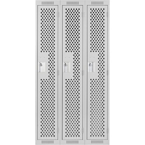Clean Line Lockers, Bank of 3, 36" x 12" x 72", Steel, Grey, Rivet (Assembled), Perforated Sécurité Médic
