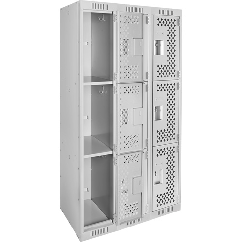 Casiers Clean Line, 3 niveaux, Bloc de 3, 36" x 12" x 72", Acier, Gris, Rivet (assembl&eacute;), Perfor&eacute; Sécurité Médic