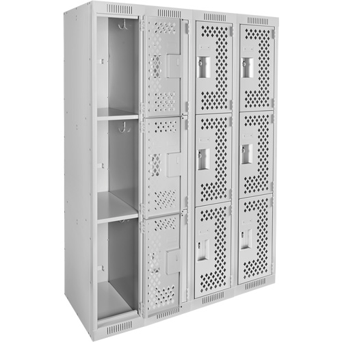 Casiers Clean Line, 3 niveaux, Bloc de 4, 48" x 12" x 72", Acier, Gris, Rivet (assembl&eacute;), Perfor&eacute; Sécurité Médic