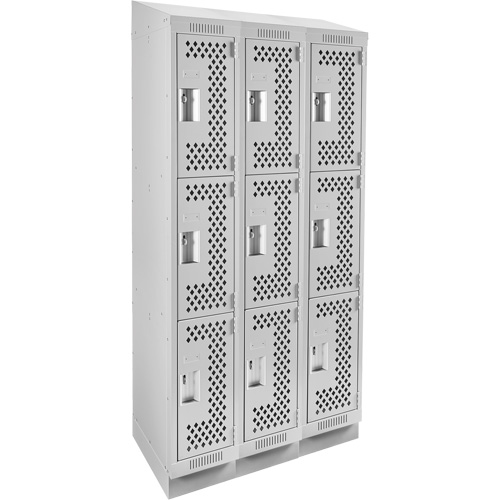 Clean Line Lockers, 3 -tier, Bank of 3, 36" x 12" x 82", Steel, Grey, Rivet (Assembled), Perforated Sécurité Médic