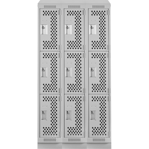 Clean Line Lockers, 3 -tier, Bank of 3, 36" x 12" x 82", Steel, Grey, Rivet (Assembled), Perforated Sécurité Médic