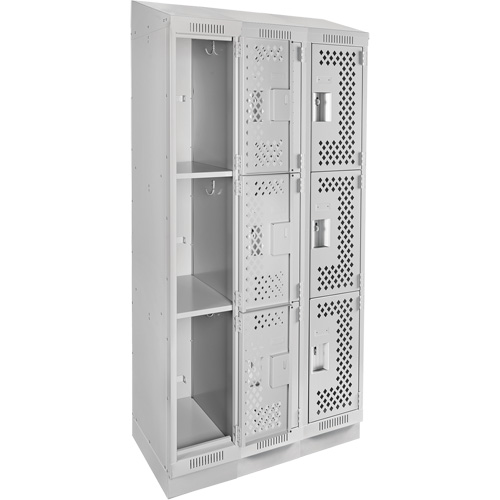 Clean Line Lockers, 3 -tier, Bank of 3, 36" x 12" x 82", Steel, Grey, Rivet (Assembled), Perforated Sécurité Médic