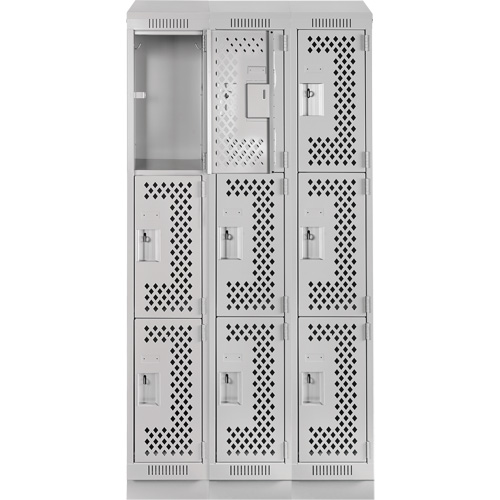 Clean Line Lockers, 3 -tier, Bank of 3, 36" x 12" x 82", Steel, Grey, Rivet (Assembled), Perforated Sécurité Médic