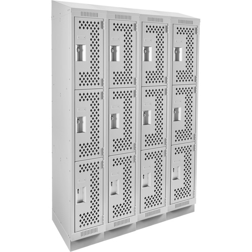 Clean Line Lockers, 3 -tier, Bank of 4, 48" x 12" x 82", Steel, Grey, Rivet (Assembled), Perforated Sécurité Médic