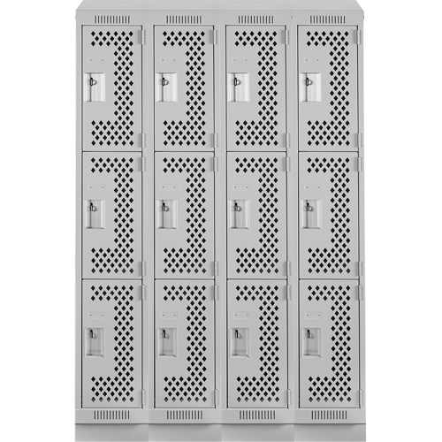 Clean Line Lockers, 3 -tier, Bank of 4, 48" x 12" x 82", Steel, Grey, Rivet (Assembled), Perforated Sécurité Médic