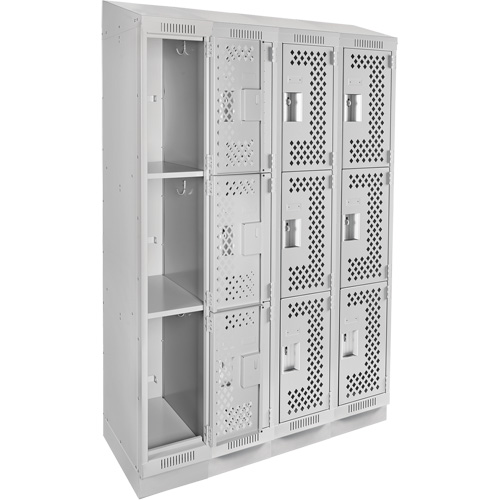 Clean Line Lockers, 3 -tier, Bank of 4, 48" x 12" x 82", Steel, Grey, Rivet (Assembled), Perforated Sécurité Médic