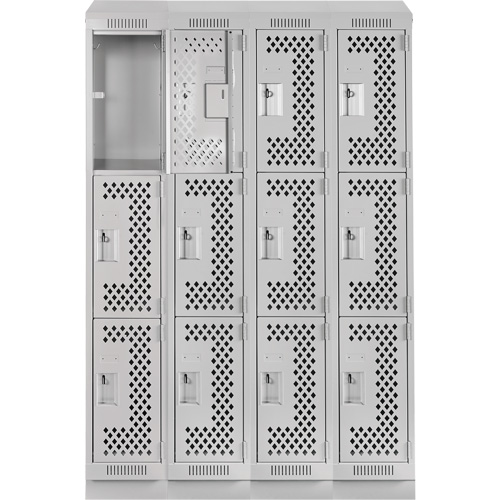 Clean Line Lockers, 3 -tier, Bank of 4, 48" x 12" x 82", Steel, Grey, Rivet (Assembled), Perforated Sécurité Médic