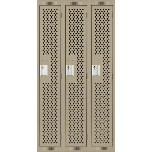 Clean Line Lockers, Bank of 3, 36" x 12" x 72", Steel, Beige, Rivet (Assembled), Perforated Sécurité Médic
