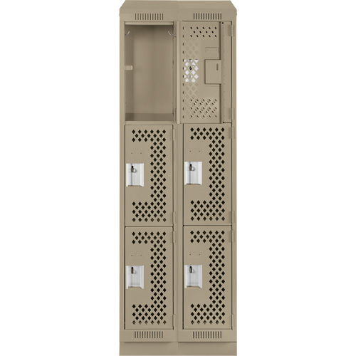 Clean Line Lockers, 3 -tier, Bank of 2, 24" x 18" x 82", Steel, Beige, Rivet (Assembled), Perforated Sécurité Médic