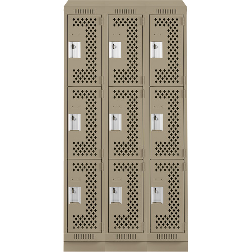 Clean Line Lockers, 3 -tier, Bank of 3, 36" x 12" x 82", Steel, Beige, Rivet (Assembled), Perforated Sécurité Médic