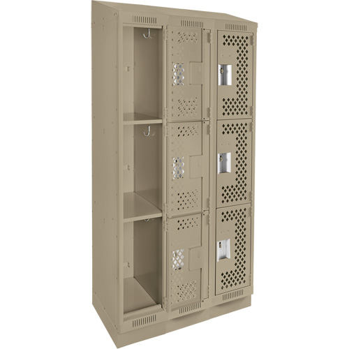 Clean Line Lockers, 3 -tier, Bank of 3, 36" x 12" x 82", Steel, Beige, Rivet (Assembled), Perforated Sécurité Médic