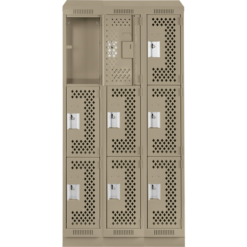 Clean Line Lockers, 3 -tier, Bank of 3, 36" x 12" x 82", Steel, Beige, Rivet (Assembled), Perforated Sécurité Médic