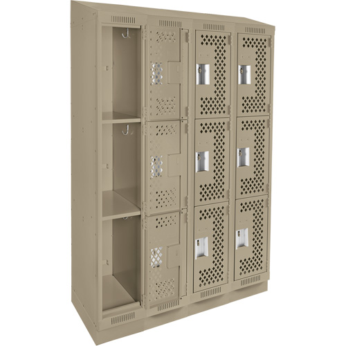 Clean Line Lockers, 3 -tier, Bank of 4, 48" x 18" x 82", Steel, Beige, Rivet (Assembled), Perforated Sécurité Médic