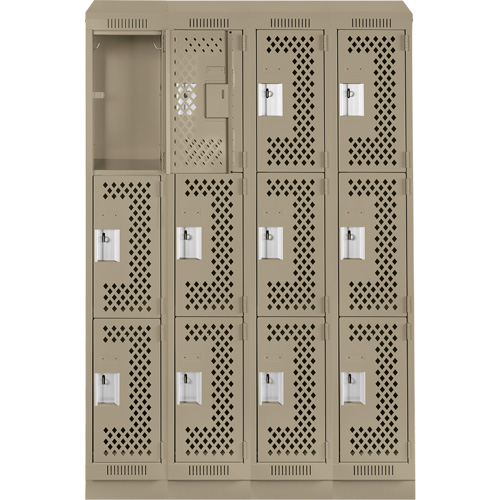 Clean Line Lockers, 3 -tier, Bank of 4, 48" x 18" x 82", Steel, Beige, Rivet (Assembled), Perforated Sécurité Médic