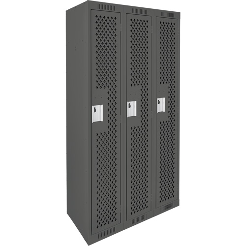 Clean Line Lockers, Bank of 3, 36" x 12" x 72", Steel, Charcoal, Rivet (Assembled), Perforated Sécurité Médic