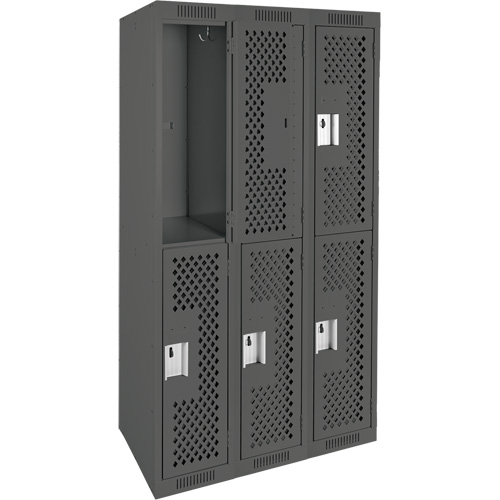 Clean Line Lockers, 2 -tier, Bank of 3, 36" x 12" x 72", Steel, Charcoal, Rivet (Assembled), Perforated Sécurité Médic