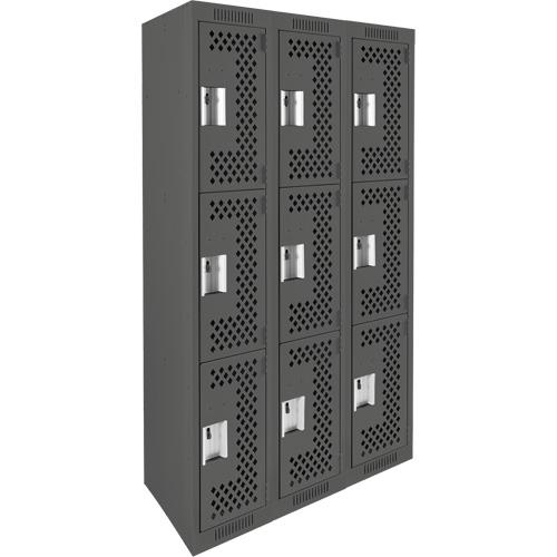 Clean Line Lockers, 3 -tier, Bank of 3, 36" x 12" x 72", Steel, Charcoal, Rivet (Assembled), Perforated Sécurité Médic