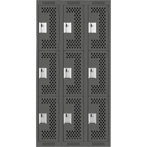 Clean Line Lockers, 3 -tier, Bank of 3, 36" x 12" x 72", Steel, Charcoal, Rivet (Assembled), Perforated Sécurité Médic