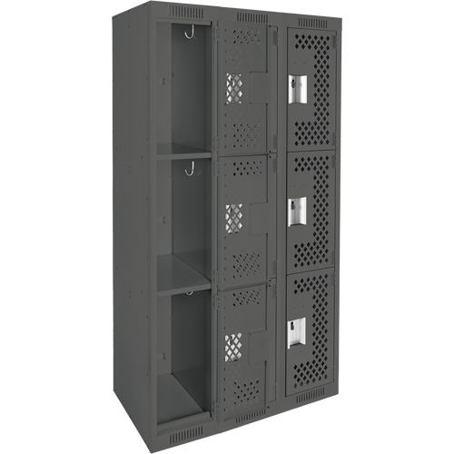 Clean Line Lockers, 3 -tier, Bank of 3, 36" x 12" x 72", Steel, Charcoal, Rivet (Assembled), Perforated Sécurité Médic