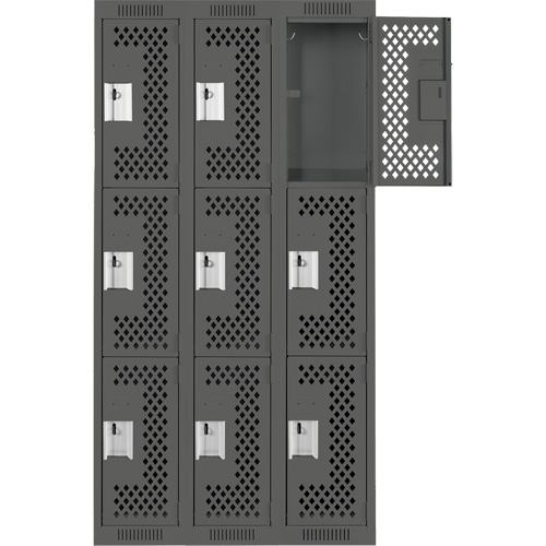 Clean Line Lockers, 3 -tier, Bank of 3, 36" x 12" x 72", Steel, Charcoal, Rivet (Assembled), Perforated Sécurité Médic