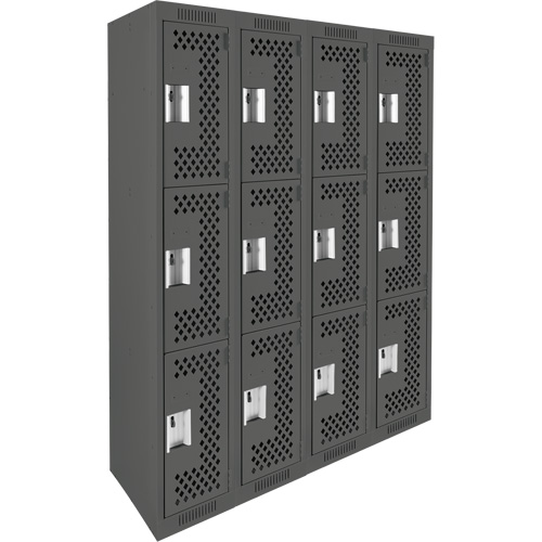 Clean Line Lockers, 3 -tier, Bank of 4, 48" x 12" x 72", Steel, Charcoal, Rivet (Assembled), Perforated Sécurité Médic