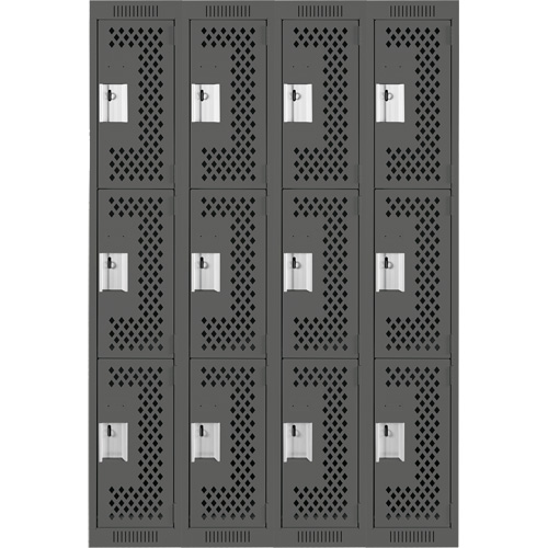 Clean Line Lockers, 3 -tier, Bank of 4, 48" x 12" x 72", Steel, Charcoal, Rivet (Assembled), Perforated Sécurité Médic